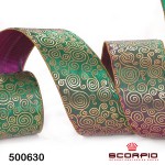 Декоративная лента пурпурно-зелено-золотого цвета с рисунком (цена за 1 метр)